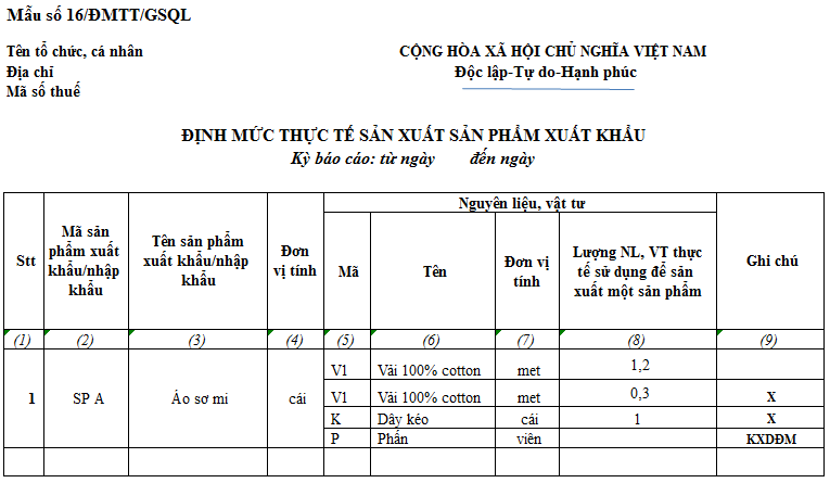 Hướng dẫn chi tiết lập Mẫu số 16/ĐMTT-GSQL – Loại hình SXXK